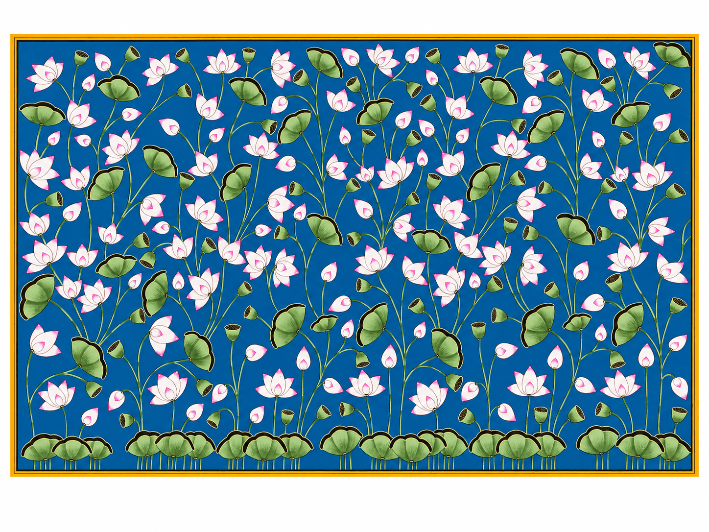 Handmade Lotus Pichwai Painting – Blue Background, Landscape, Natural Colors on Cotton (4x3 ft)